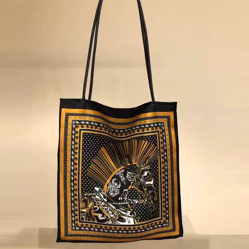 Eco-Friendly Silk Tote Bag with Vintage Print & Studs - Perfect for Yoga, Fitness, Stylish Outfits, & Trendy Street Style