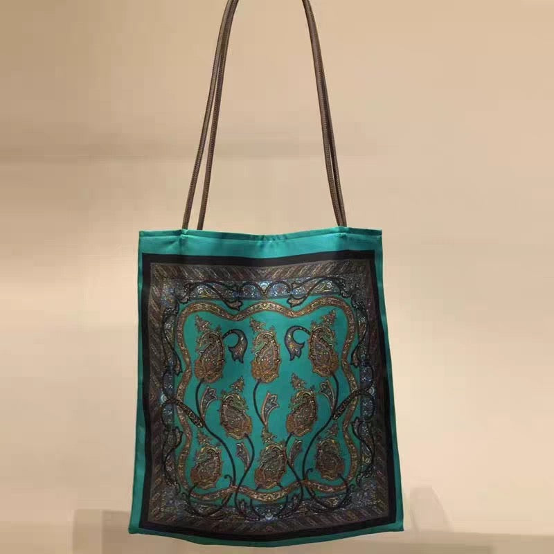 Eco-Friendly Silk Tote Bag with Vintage Print & Studs - Perfect for Yoga, Fitness, Stylish Outfits, & Trendy Street Style