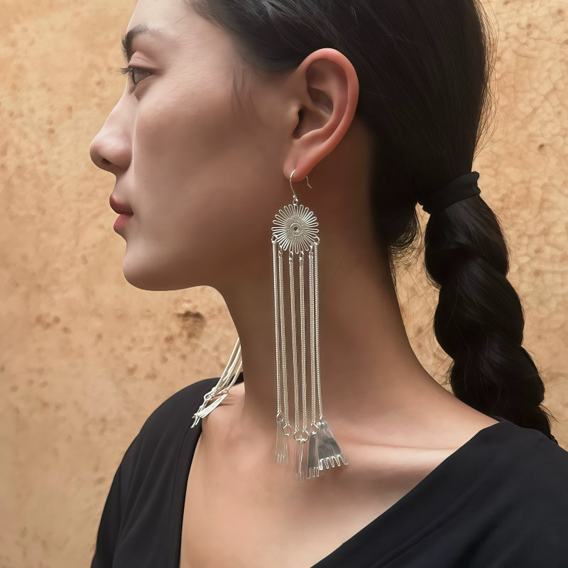 Yi Ethnic Handmade Silver Earrings | Tribal Boho Statement Earrings with Tassels | Unique Tribal Jewelry for Women