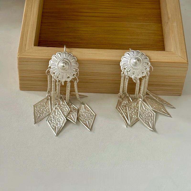 Yi Ethnic Handmade Silver Earrings | Traditional Tribal Design | Boho Statement Earrings for Women | Unique Cultural Jewelry