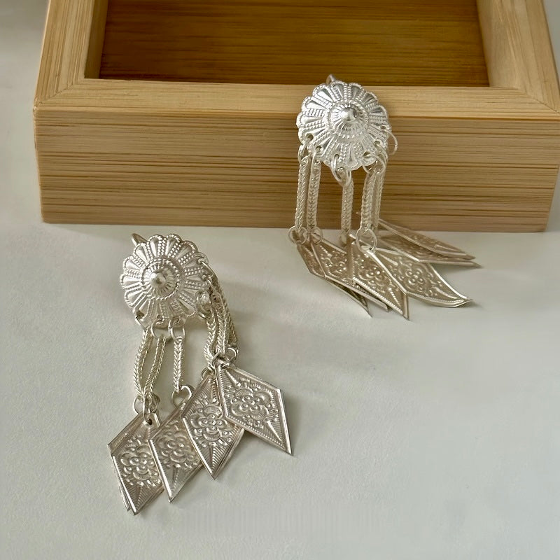 Yi Ethnic Handmade Silver Earrings | Traditional Tribal Design | Boho Statement Earrings for Women | Unique Cultural Jewelry