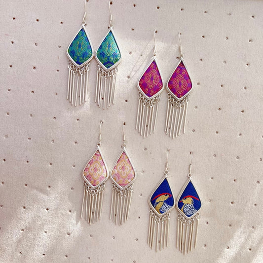 Handcrafted earrings with Song brocade and Miao silver Gift Asian fashion