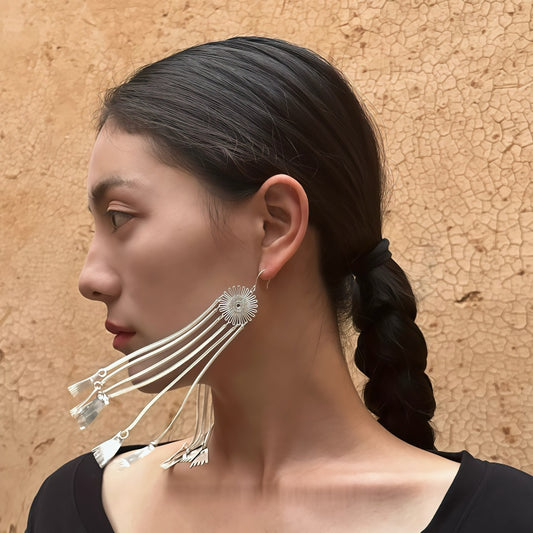 Yi Ethnic Handmade Silver Earrings | Tribal Boho Statement Earrings with Tassels | Unique Tribal Jewelry for Women